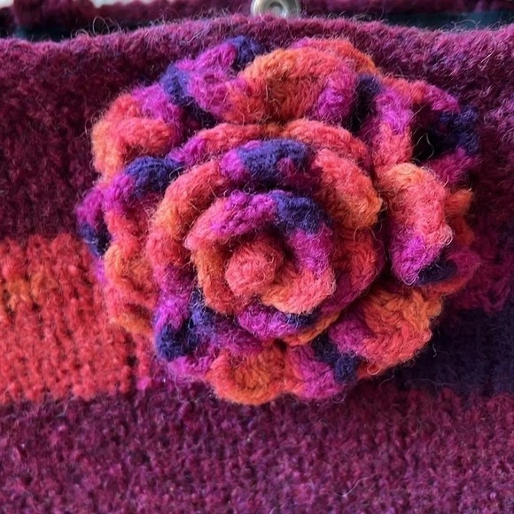 Hand knitted purse with bamboo handles boho purple pink orange flower both sides - Picture 11 of 14